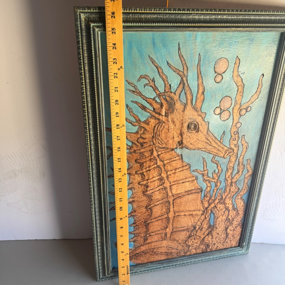 Handmade Seahorse Carved Wood Painting 26x16 Tropical Coastal decor nautical Art - Picture 2 of 10